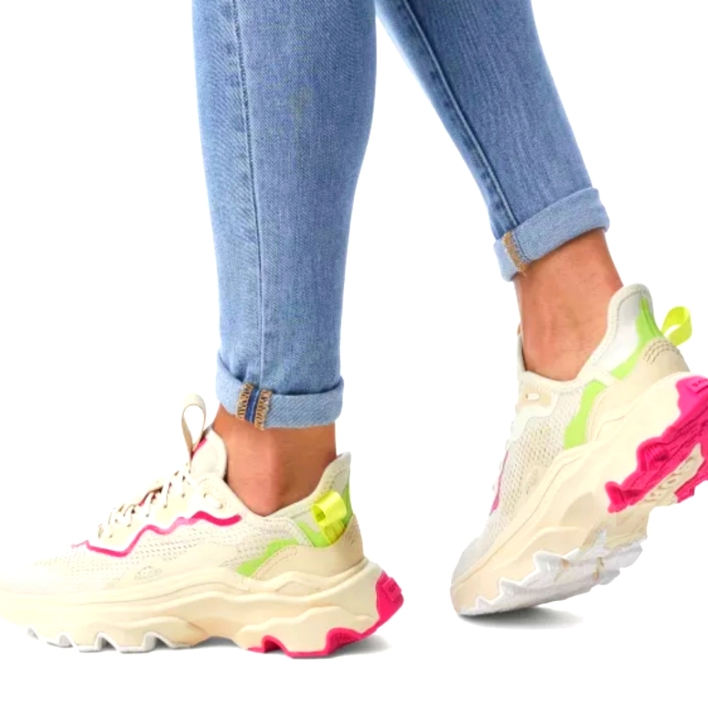 Sorel Women's Cream Athletic Sneakers with Pink and Neon Green Accents